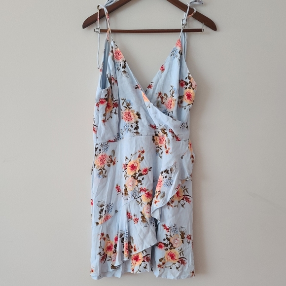 superdown Dresses & Skirts - Light Blue Floral Wrap Dress with Ruffle Details